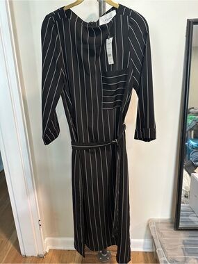 LK Bennett Black Striped Belted Midi Dress
